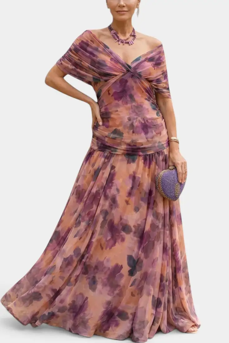 Off-Shoulder Watercolor-Print Maxi Dress