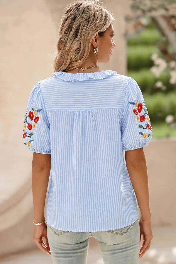 Sky Blue Stripe Floral Embroidered Shirt