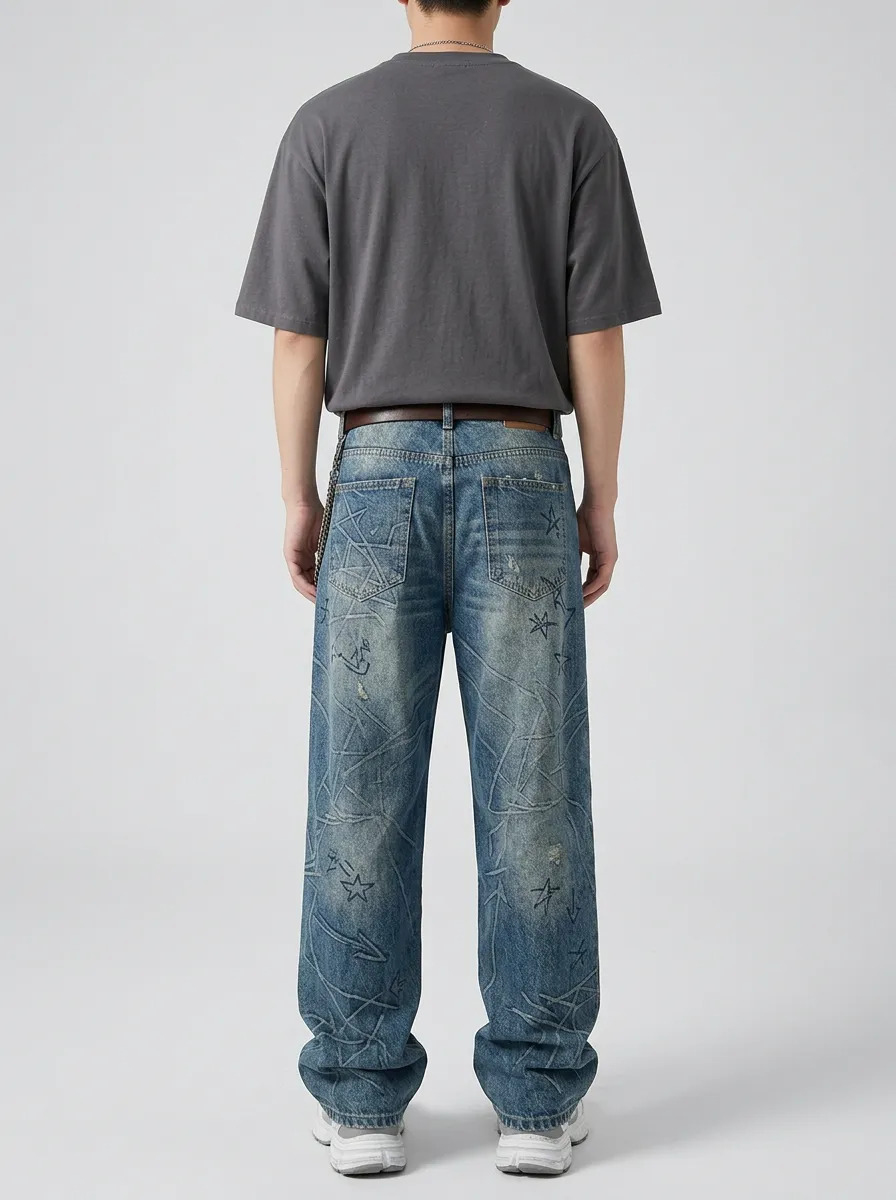 Men's Urban Streetwear Star Distressed Jeans