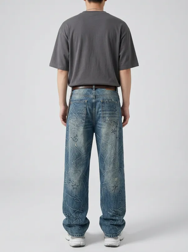 Men's Urban Streetwear Star Distressed Jeans