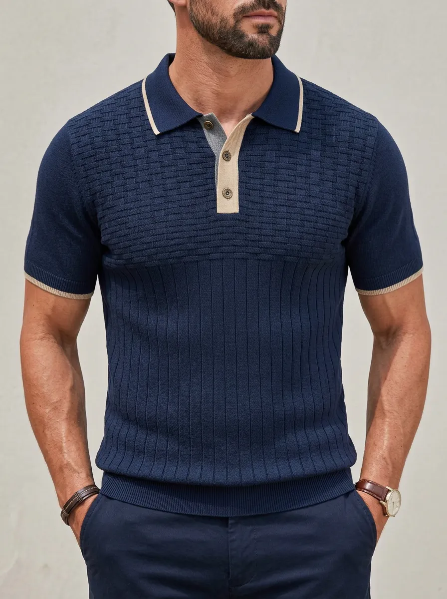 Men's Smart-Casual Textured Knit Contrast Trim Polo Shirt