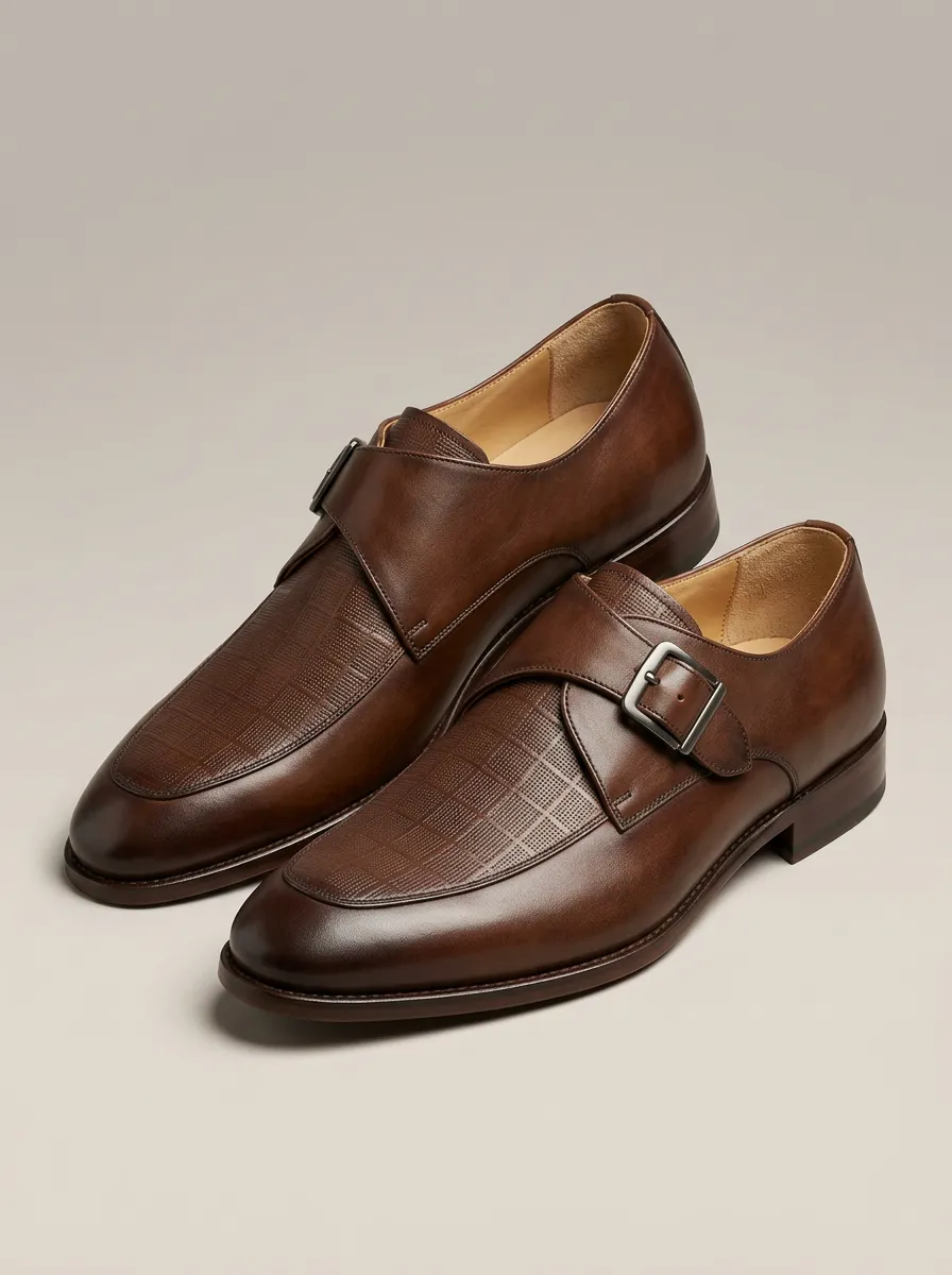 Men's Business Formal Check Pattern Buckle Printed Leather Shoes