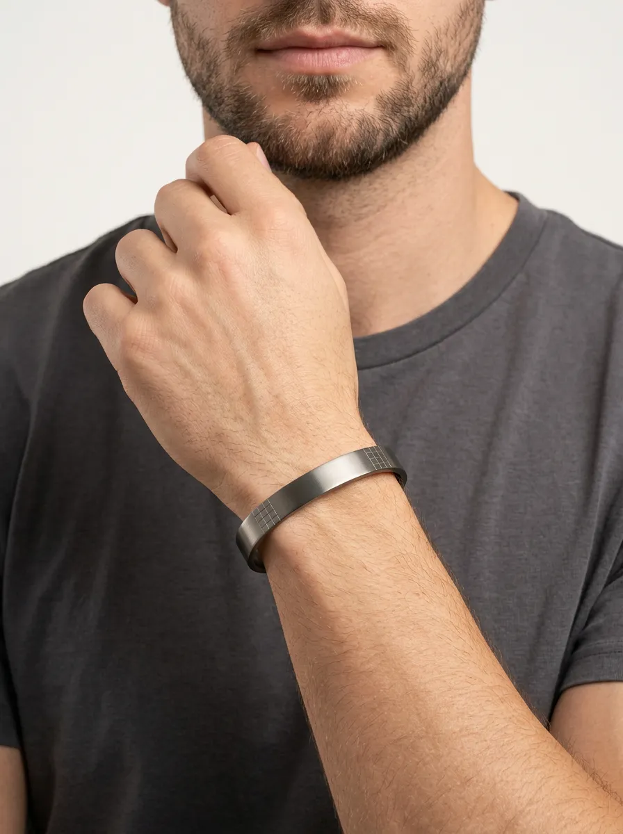 Men's Minimalist Geometric Grid Engraved Matte Steel Bracelet