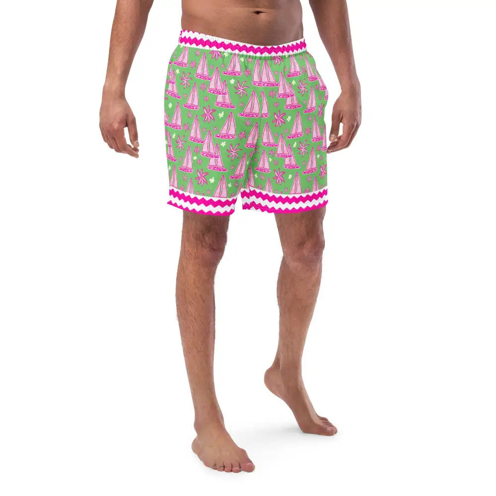 Quick Dry Sailboat Print Swim Trunks