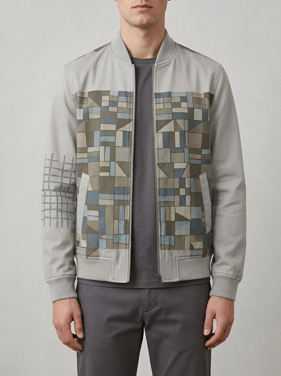 Men's Geometric Patchwork Olive Printed Bomber Jacket