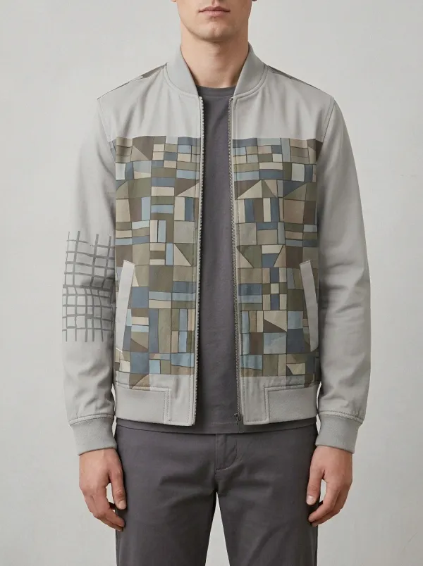 Men's Geometric Patchwork Olive Printed Bomber Jacket