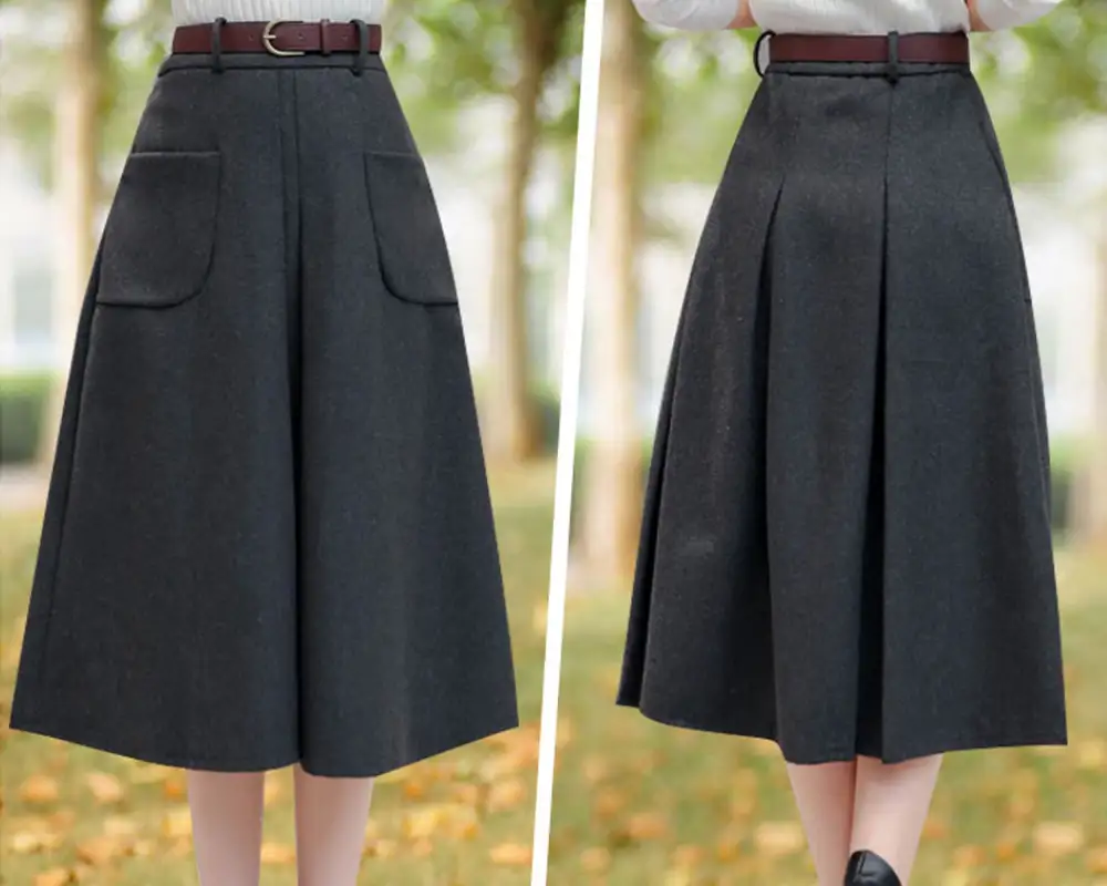 Airy Pleated Wool A Line Maxi Skirt