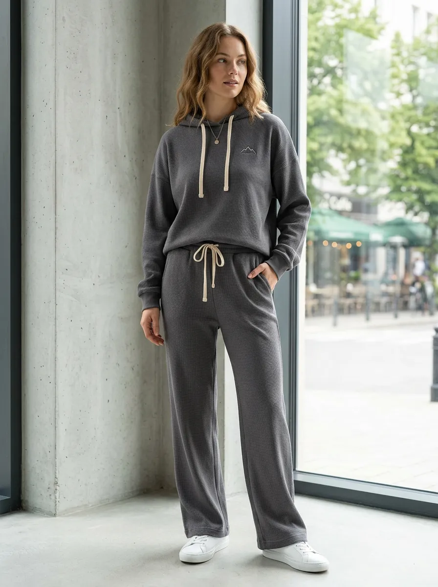 Women's Mountain Hiking Lover Waffle Knit Printed Hoodie Jogger Set