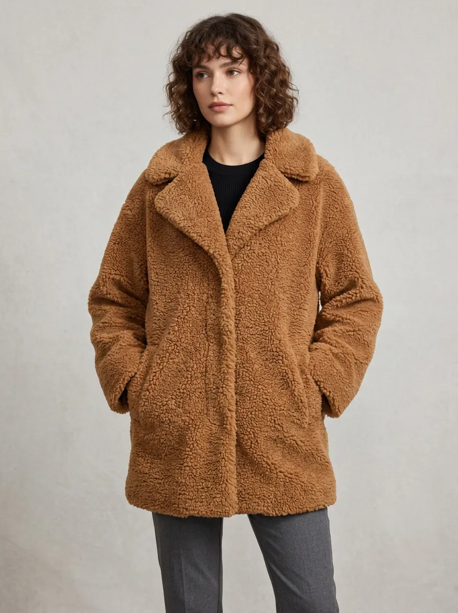 Women's Faux Fur Teddy Lapel Textured Coat