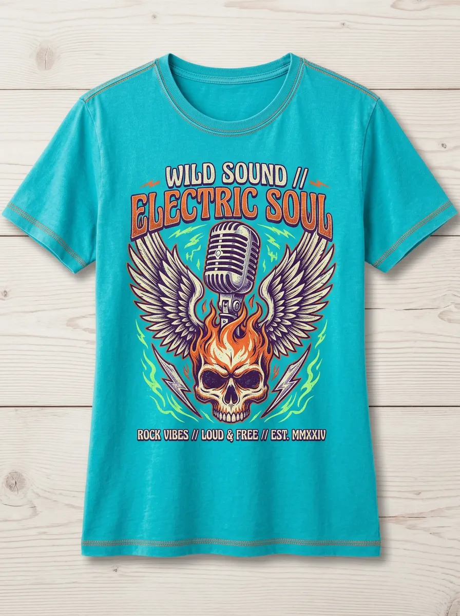 Unisex Rock Music Lover Flaming Skull Microphone Printed T-shirt