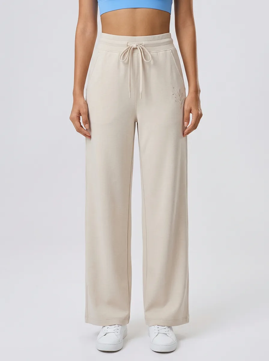 Women's Minimalist Beige Leaf Printed Wide Leg Sweatpants