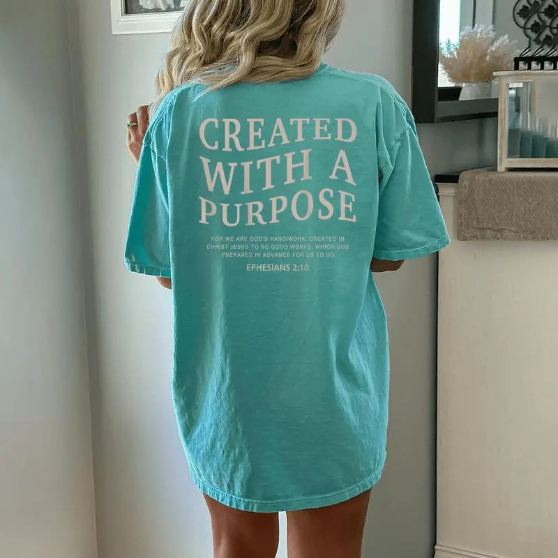 Created With A Purpose Jesus On Back Christian Bible Verse Women's Oversized Comfort T-Shirt Back Print