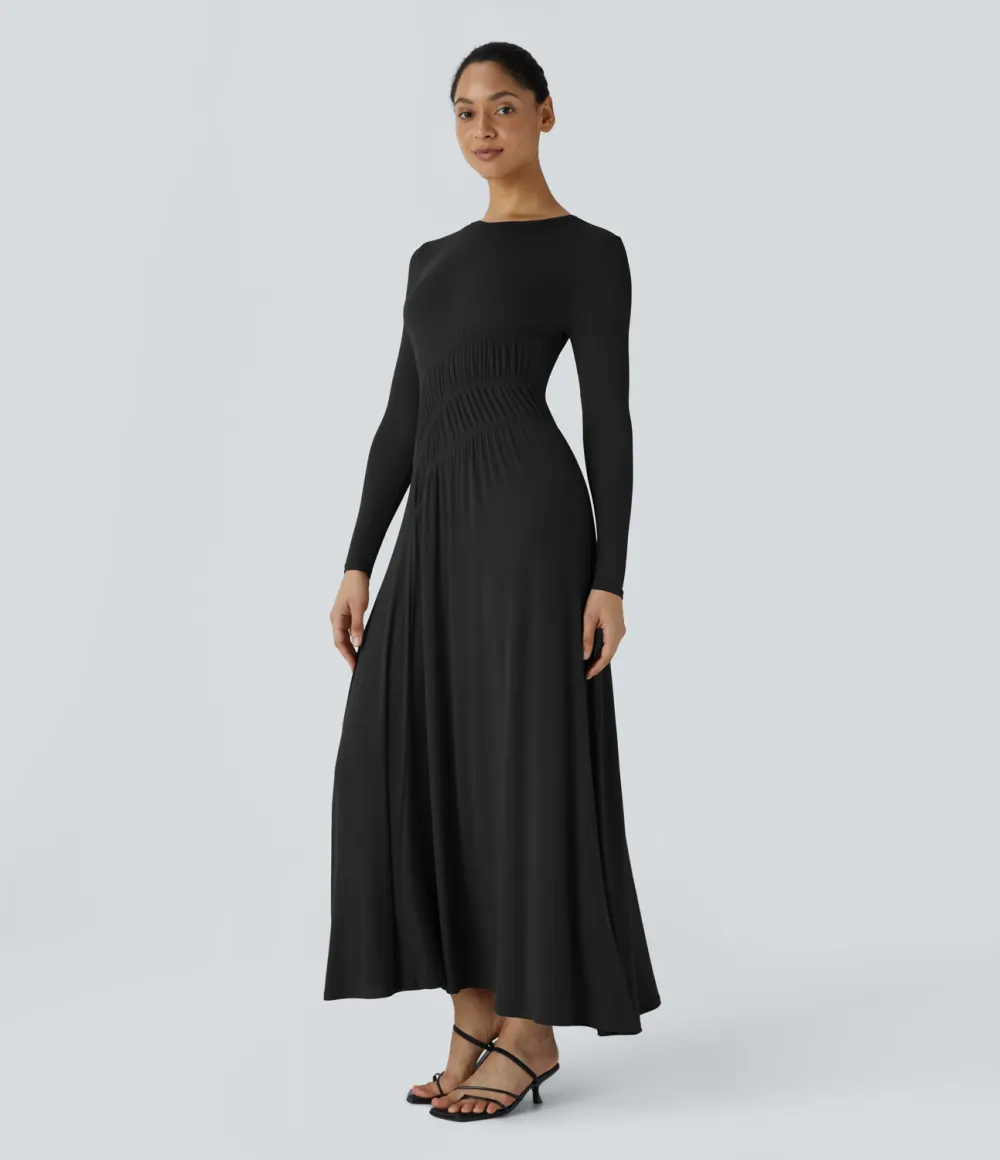 Ribbed Round Neck Long Sleeve Plicated Flare Flowy  Maxi Casual Dress