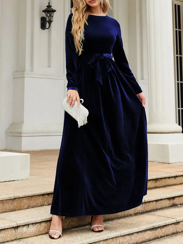Pleated Wrap Belted Long Neck Maxi Dress