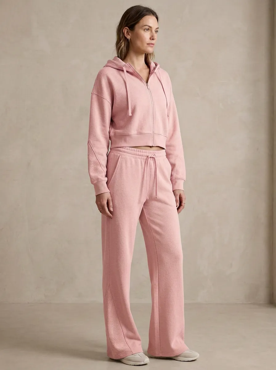 Women's Textured Cropped Hooded Jacket and Flare Pants Active Set