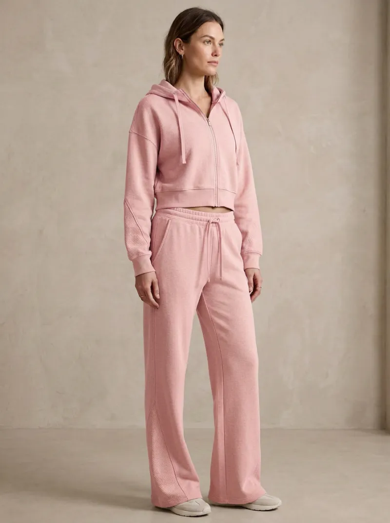 Women's Textured Cropped Hooded Jacket and Flare Pants Active Set