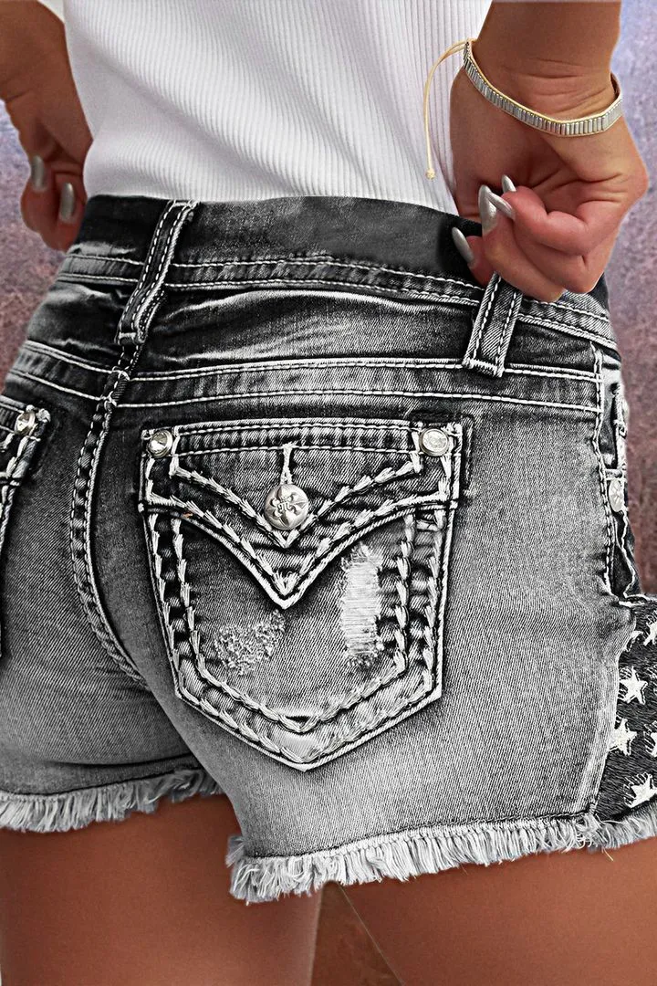 Embroidered Ripped Raw Hem Denim Shorts