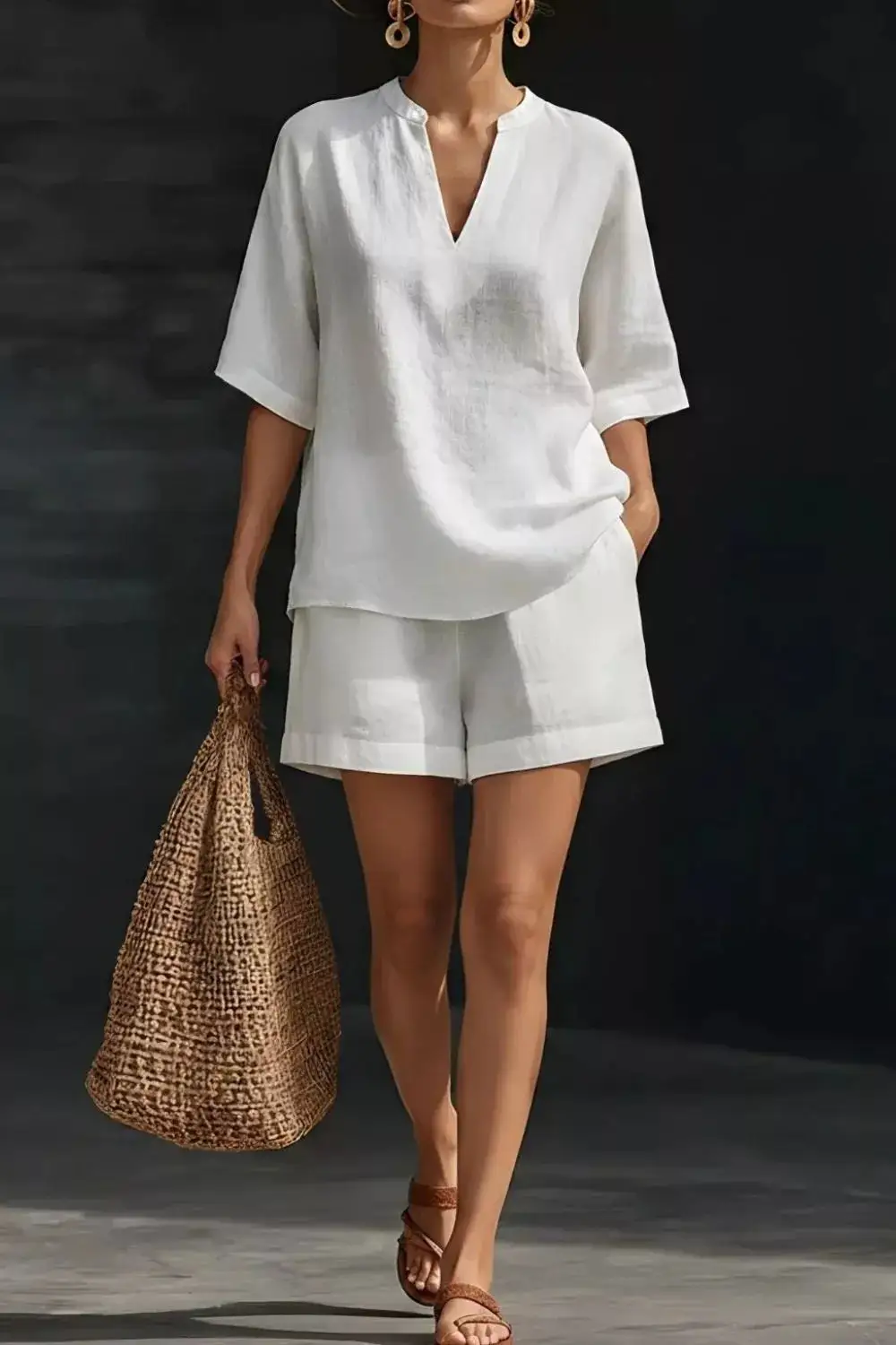 Relaxed Notched Half Sleeve Top and Shorts Set