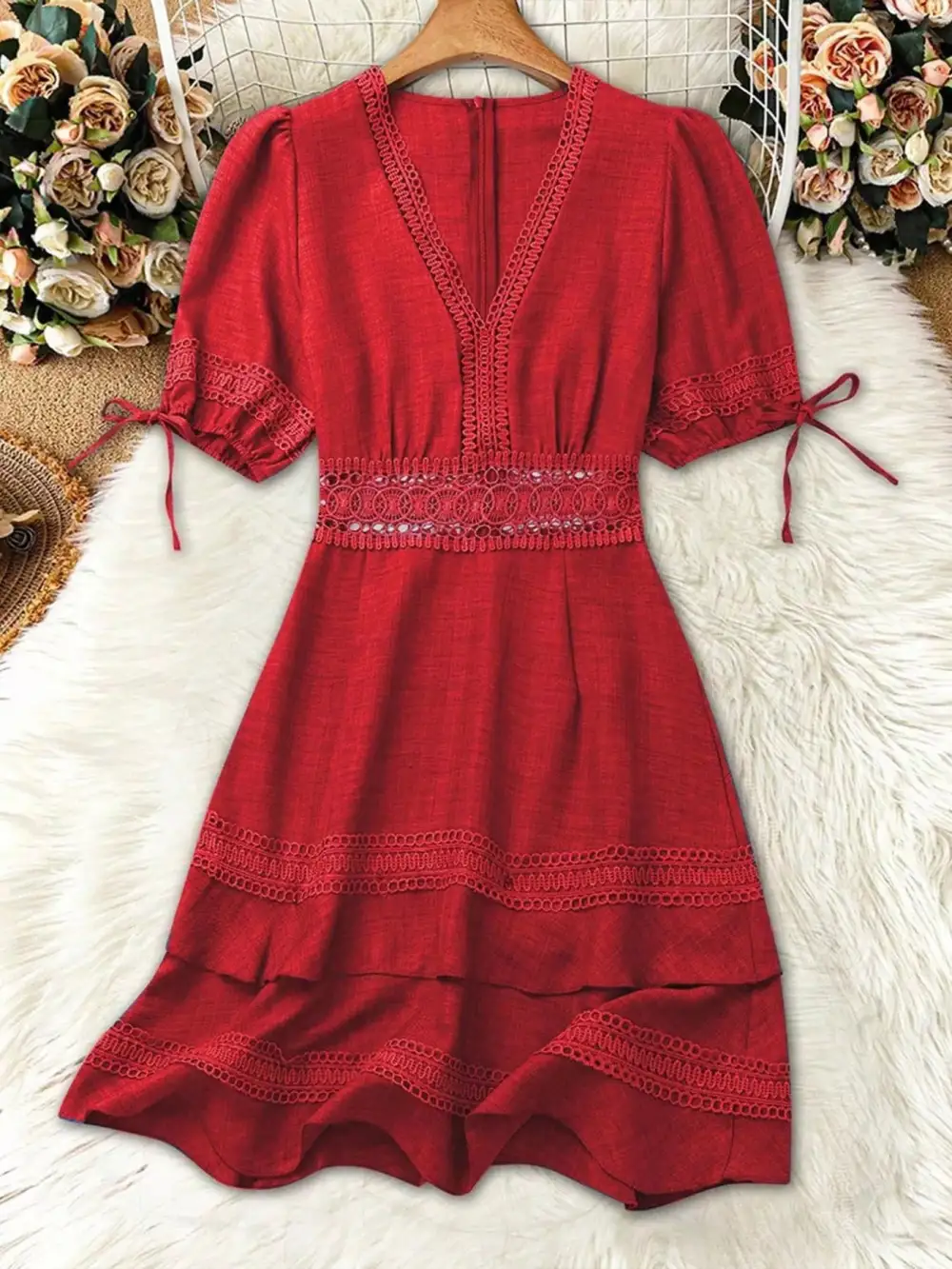 Modern Everyday Lace Detail V-Neck Mini Dress