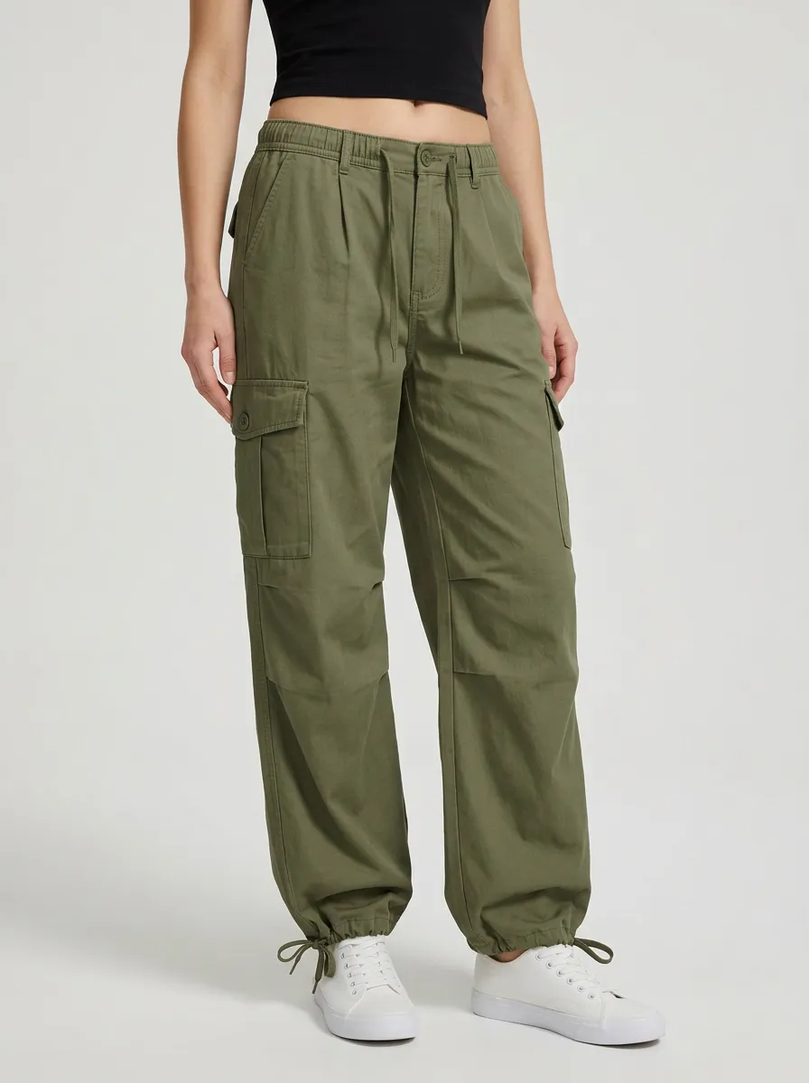 Women's Mid-Rise Drawstring Straight-Leg Cargo Pants