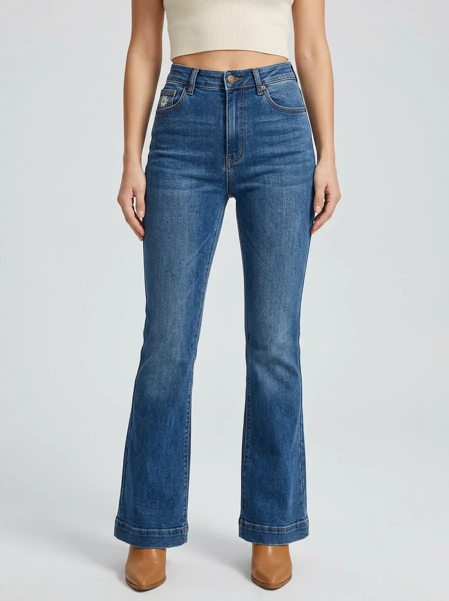 Women's Daisy Coin-Pocket Embroidered High-Rise Flare Jeans