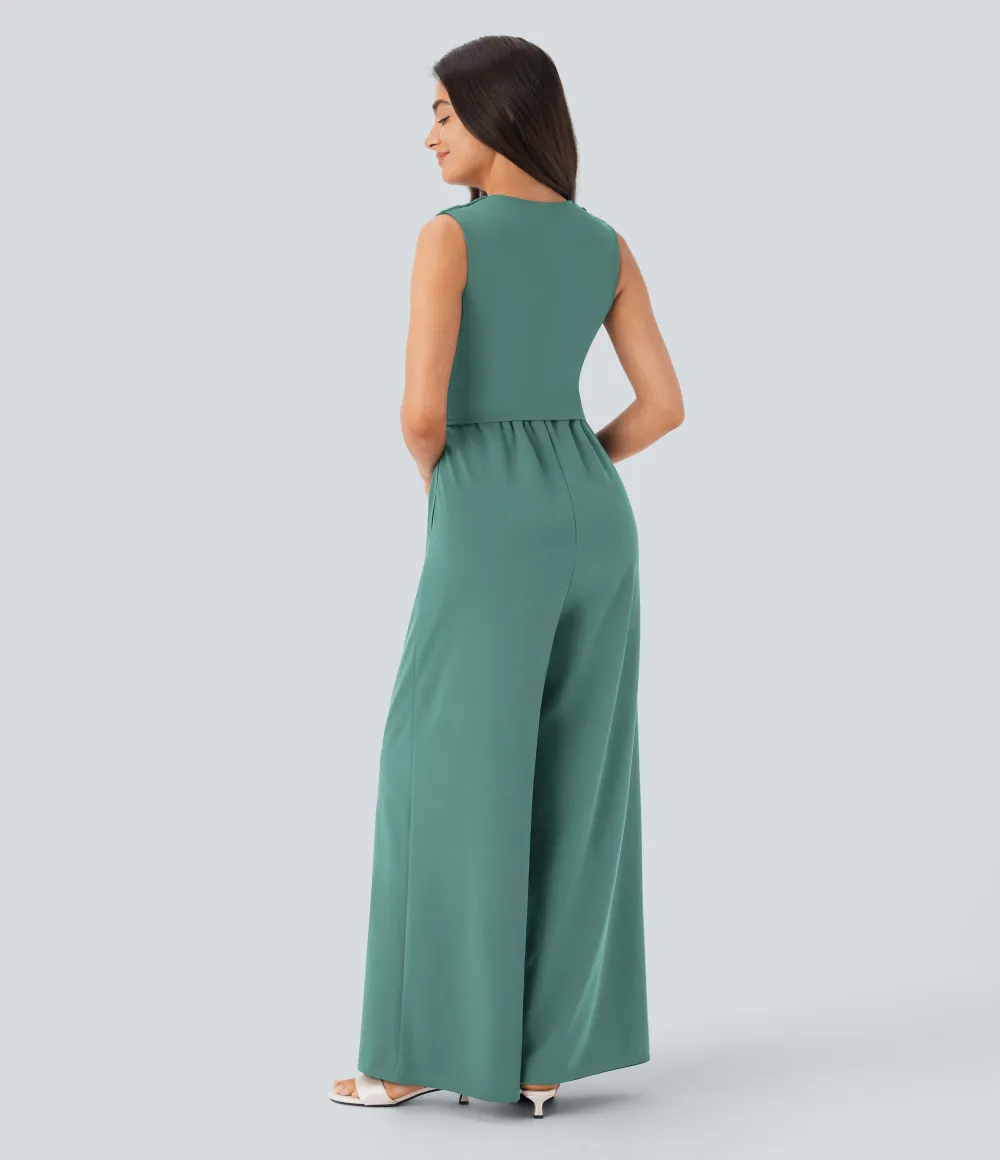 SculptKnit V Neck Sleeveless Ruched Pocket Jumpsuit-Easy Peezy