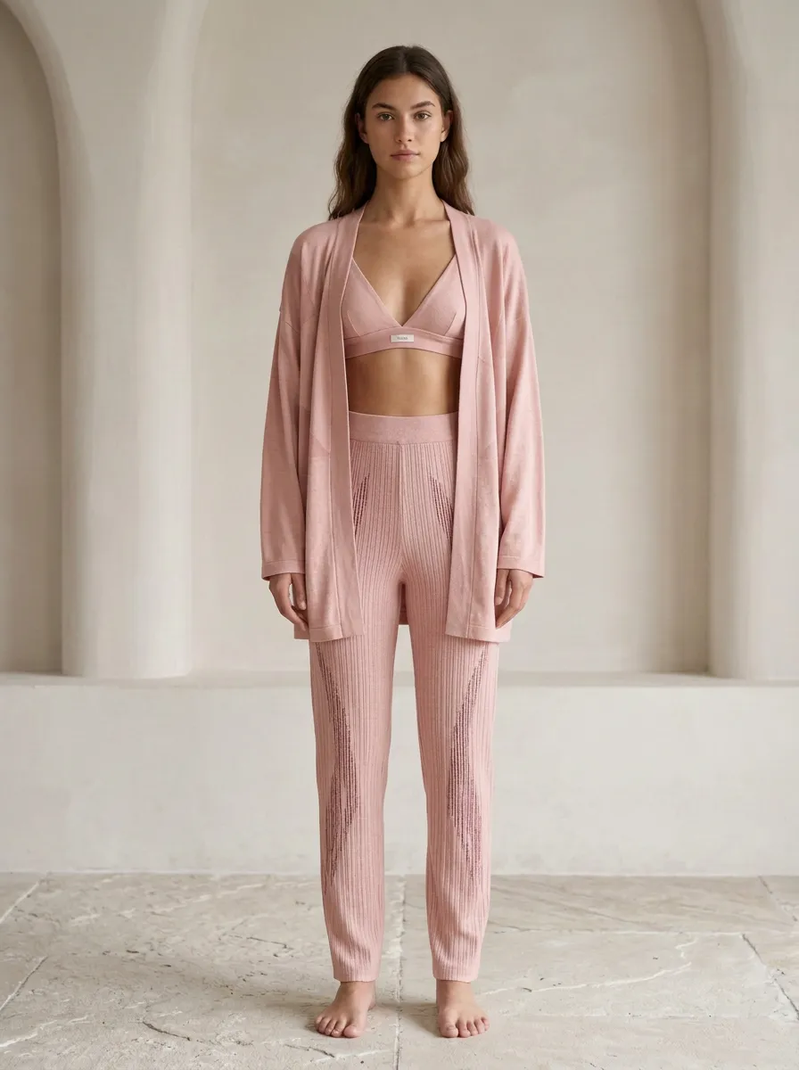 Geometric Ribbed Paneled Cardigan Lounge Set
