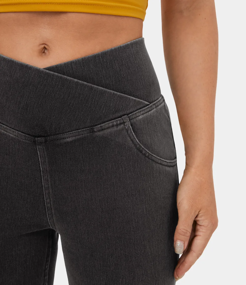 Magic High Waisted Crossover Pocket Washed Stretchy Knit Casual Super Flare Jeans