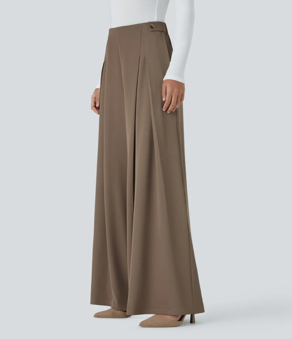 High Waisted Decorative Button Plicated Side Pocket Wide Leg Work Pants