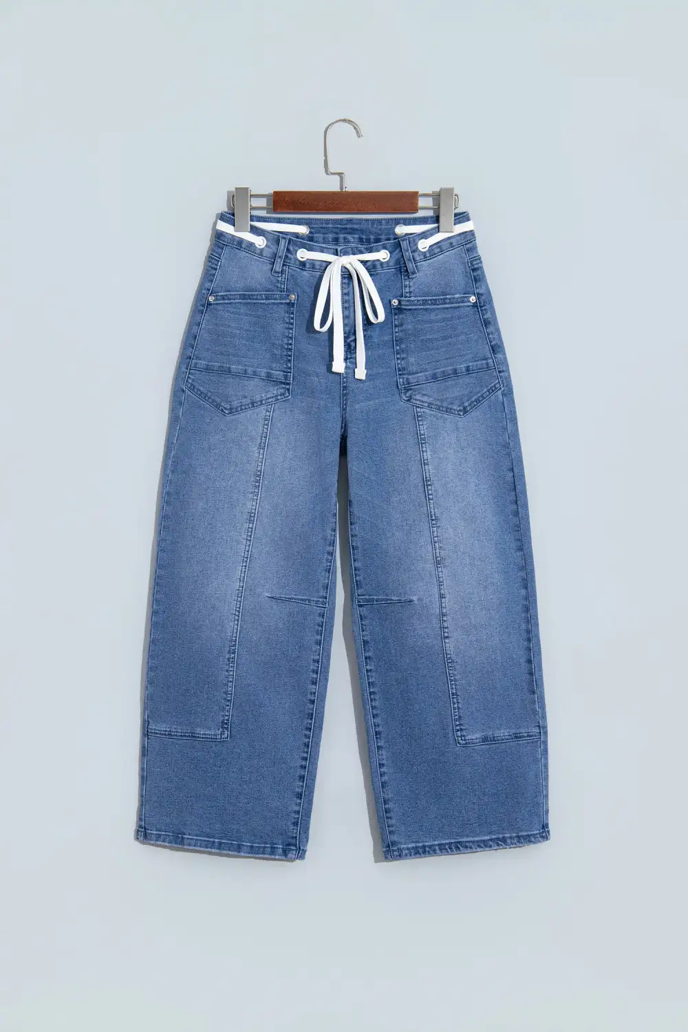 Women's Solid Patchwork Grommet Tie Waist Loose Ankle Length Jeans
