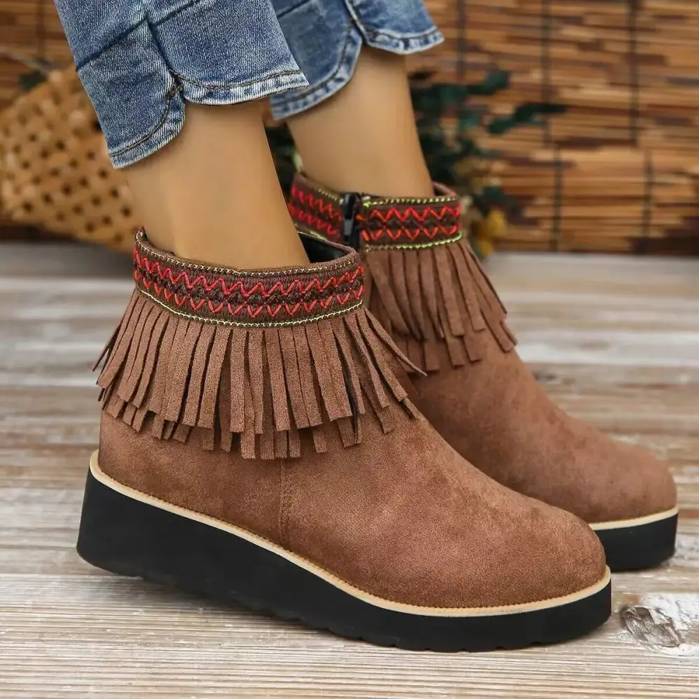 Fringe Round Toe Ankle Boots