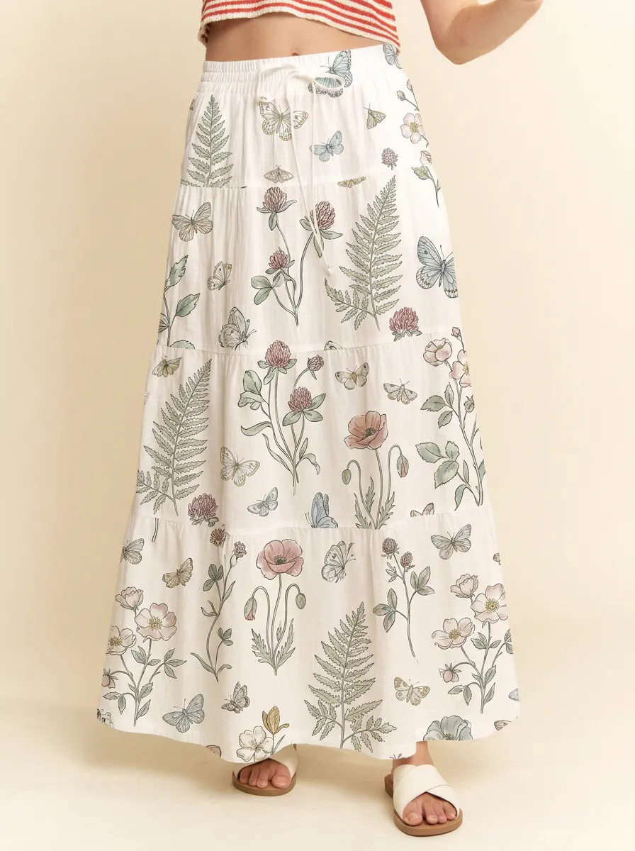 Women's Botanical Butterfly Floral Printed Maxi Skirt