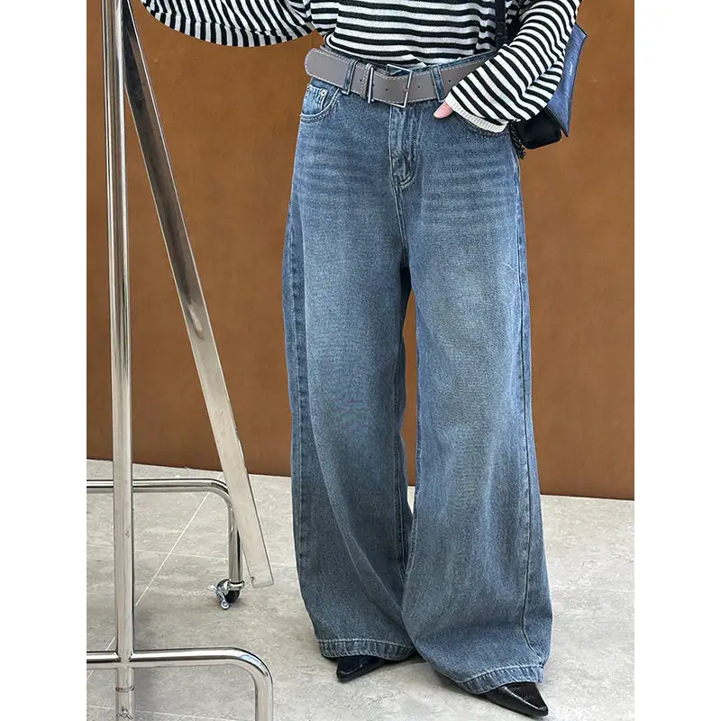Layered Washed Loose Straight Leg Denim Jeans