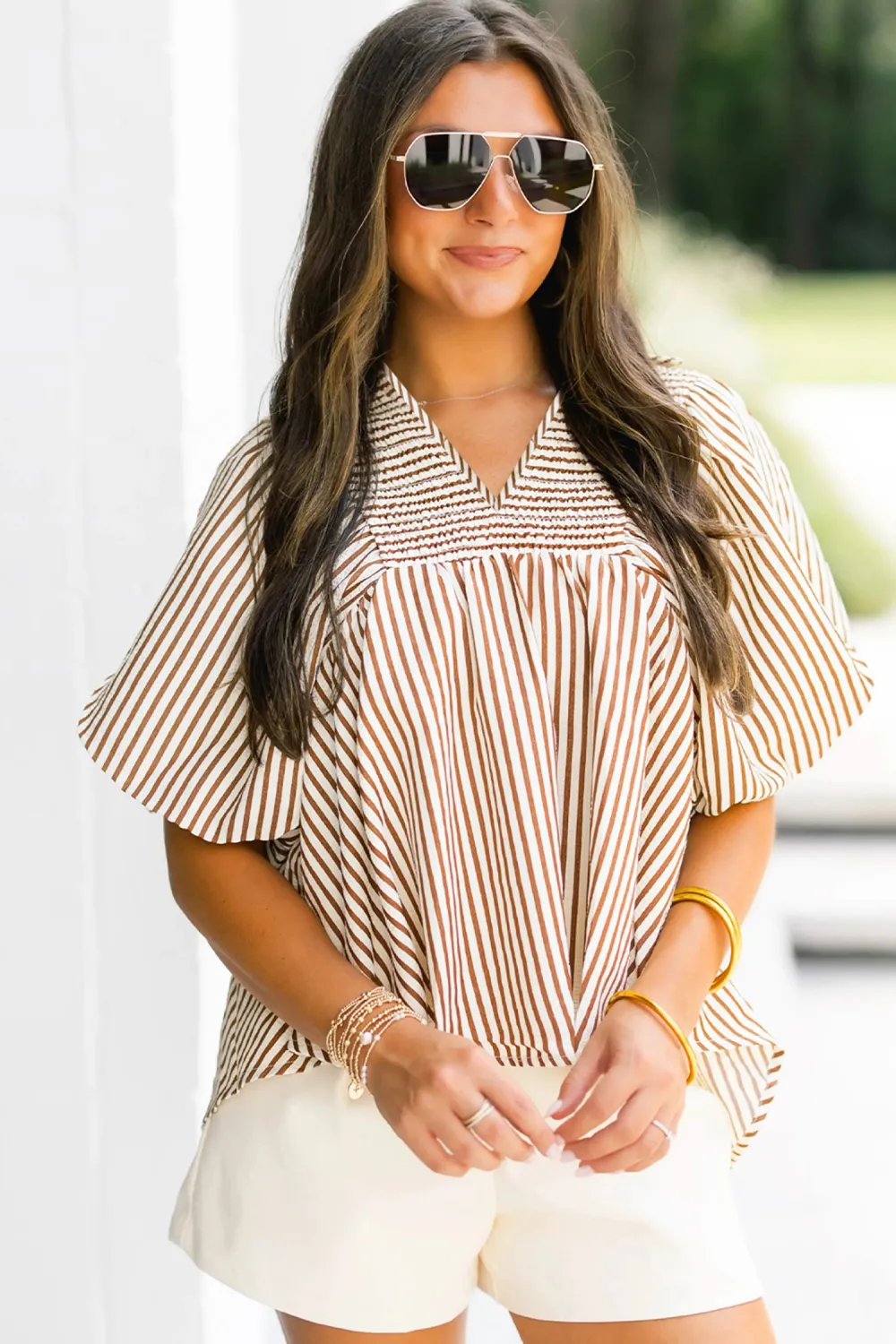 Brown Stripe Shirred V Neck Blouse