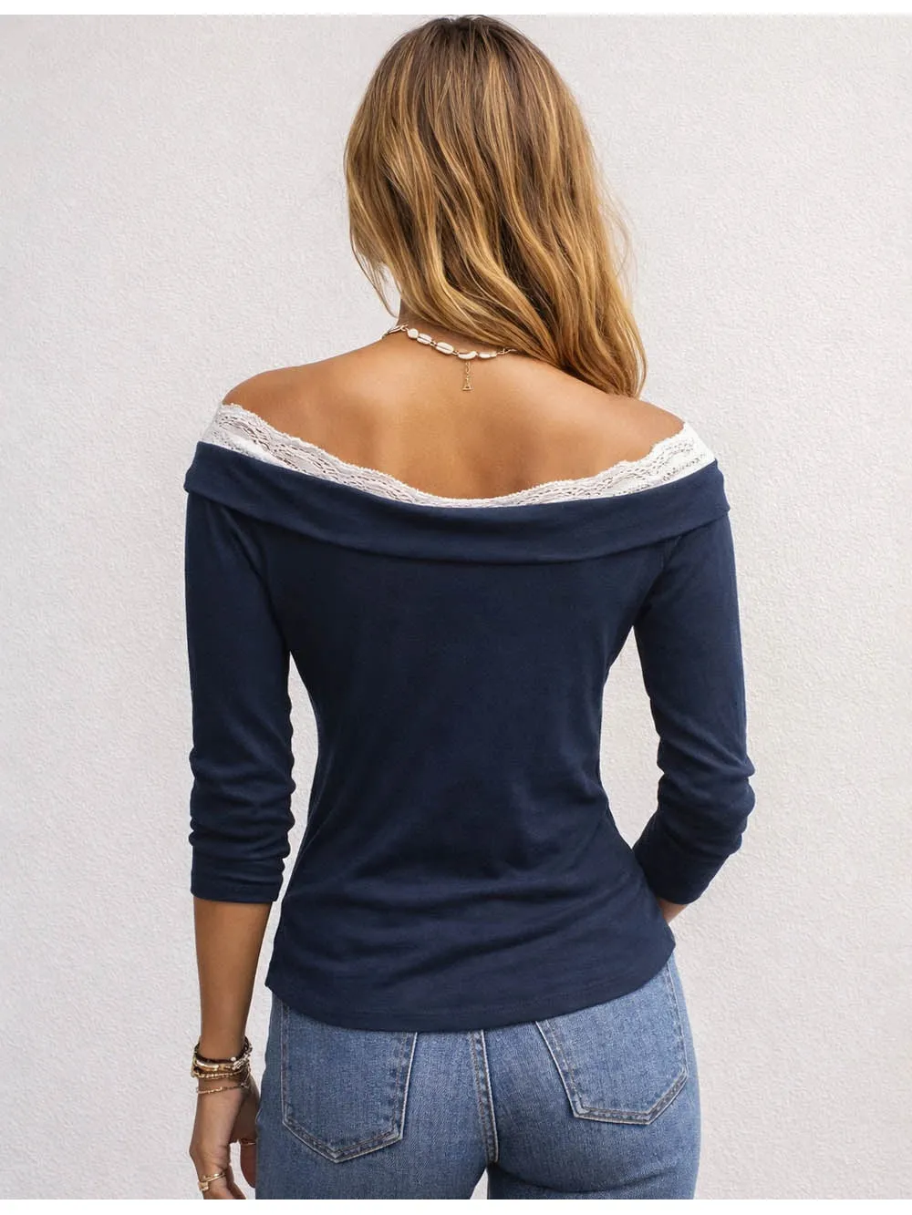 Lace Splice Off Shoulder Front Long Sleeves Top