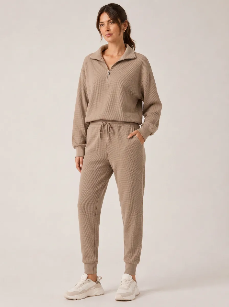 Women's Taupe Waffle Knit Quarter-Zip Lounge Set - Quarter-Zip