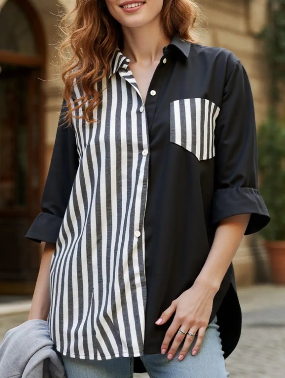 Lapel Patchwork Top Shirt