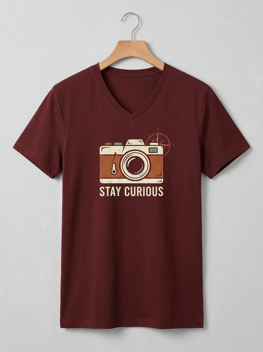 Unisex Photography Lover Stay Curious Camera Compass Printed V-Neck T-Shirt