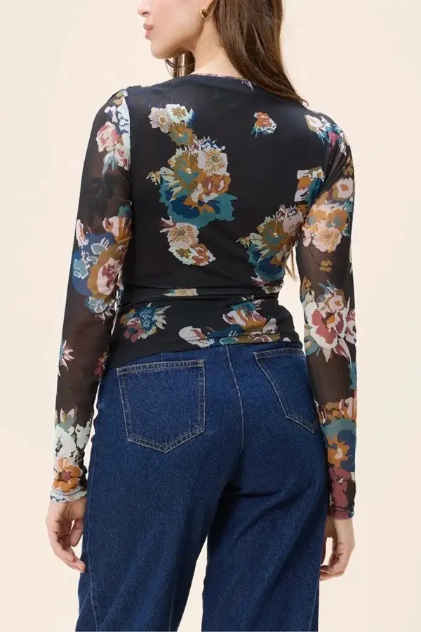 Women's Multicolor Floral Print Mesh Long Sleeve