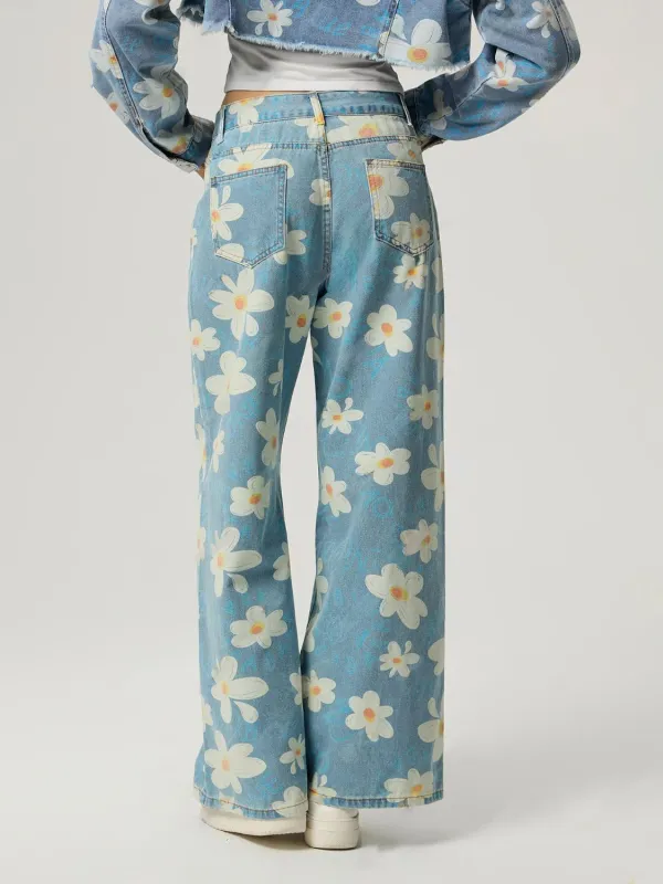 Pocket Floral Wide Leg Denim Jeans