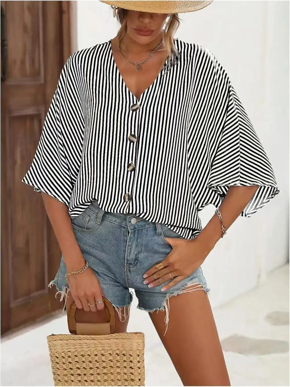 V-Neck Striped Batwing Sleeve Casual Blouse
