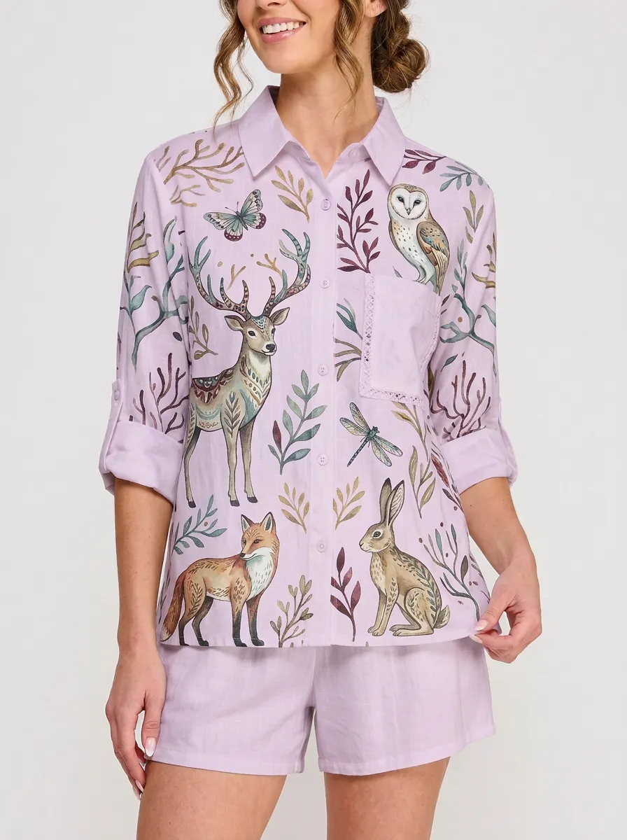 Women's Woodland Animal Deer Fox Owl Graphic Button-up Shirt Tank Top