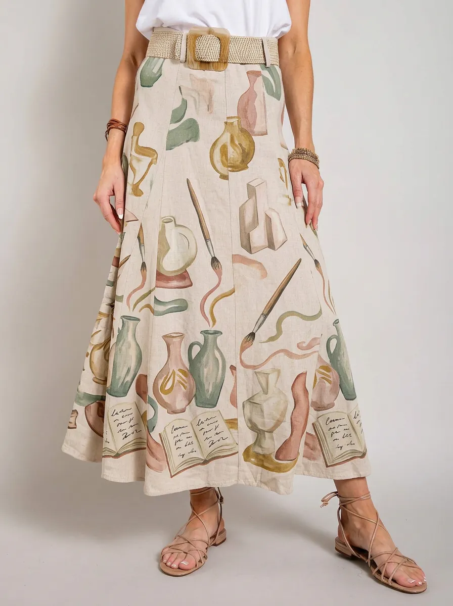 Women's Artist Studio Pottery Brush Printed Midi Skirt