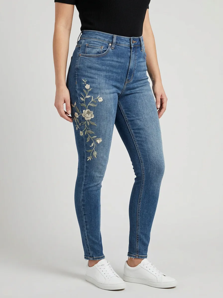 Women's Floral White Rose Embroidered Printed Slim Jeans