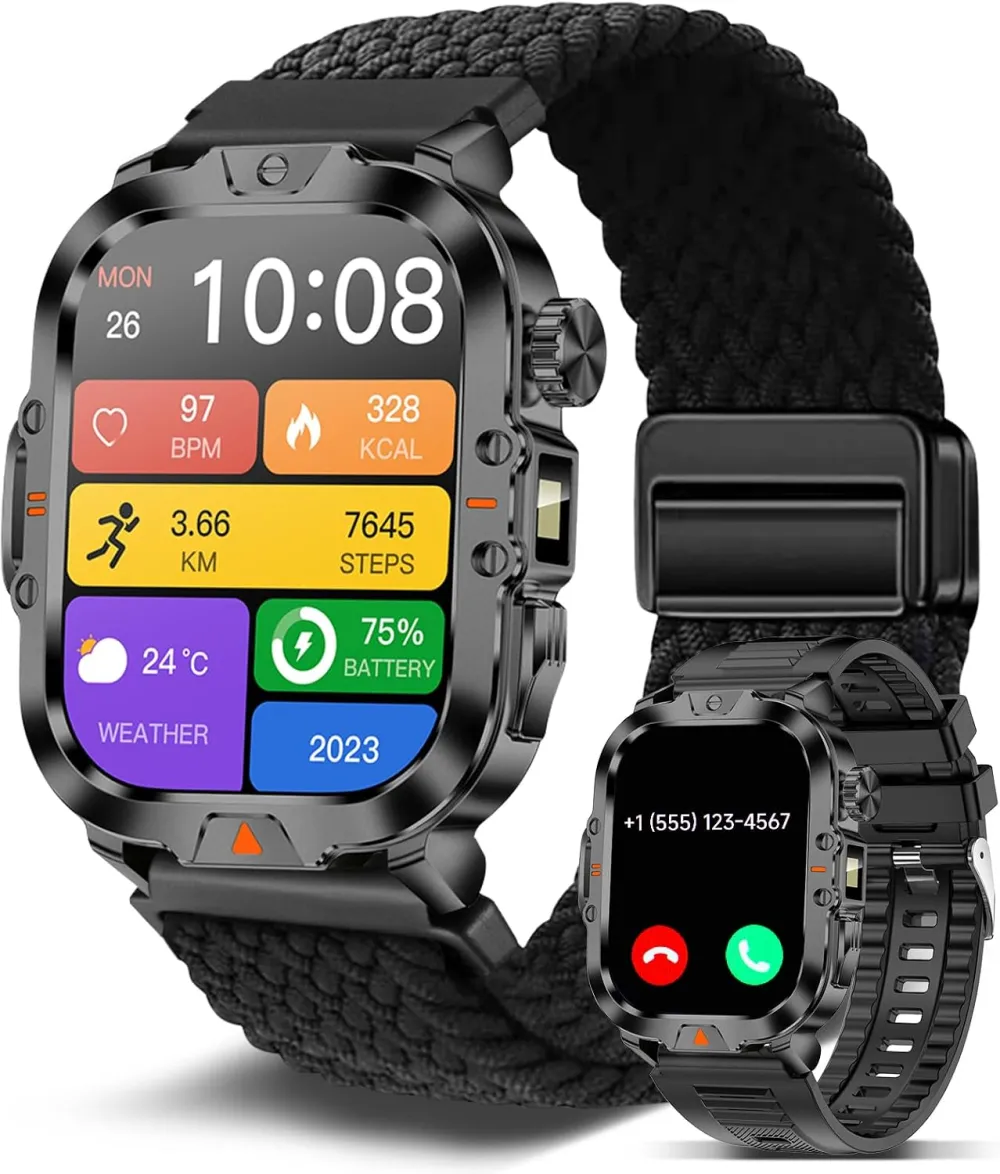 Smart Watch for Men Military Answer/Make Call 2.01″ Display 170+ Sports Modes Fitness Smart Watch IP68 Waterproof 30 Days Standby Smartwatch for Android iOS Black (2 Straps)