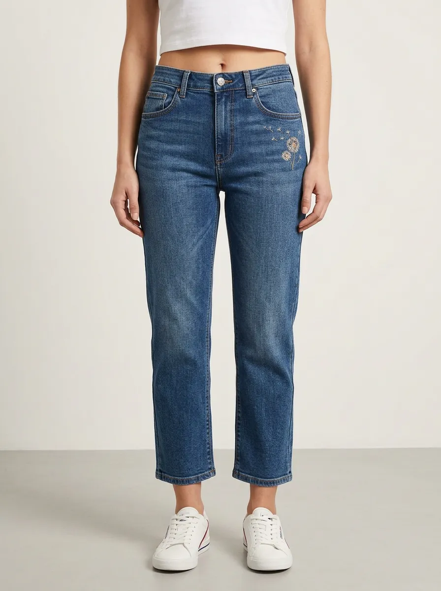 Women's Dandelion Embroidered Left-Hip Faded High-Rise Straight-Leg Jeans