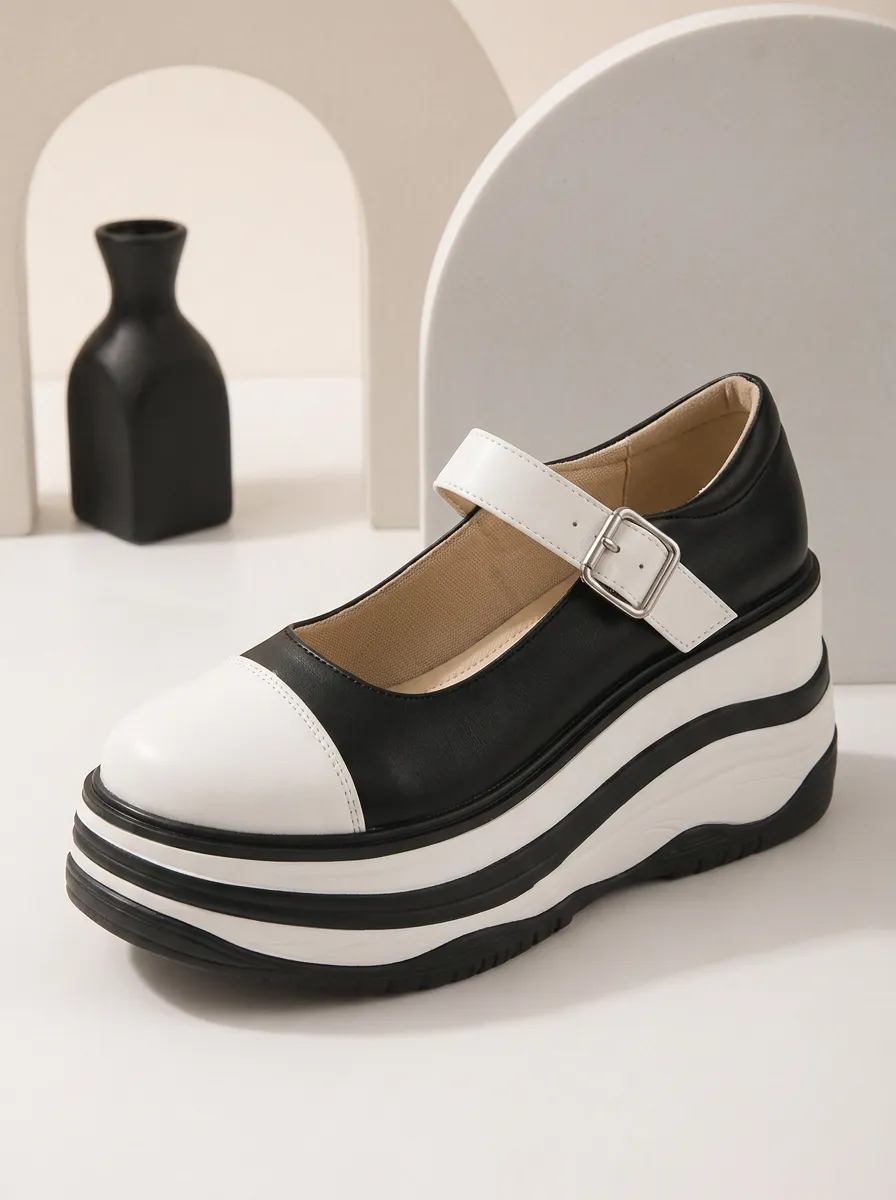 Color-Block Buckle-Strap Ankle-Strap Women's Chunky Platform Shoes