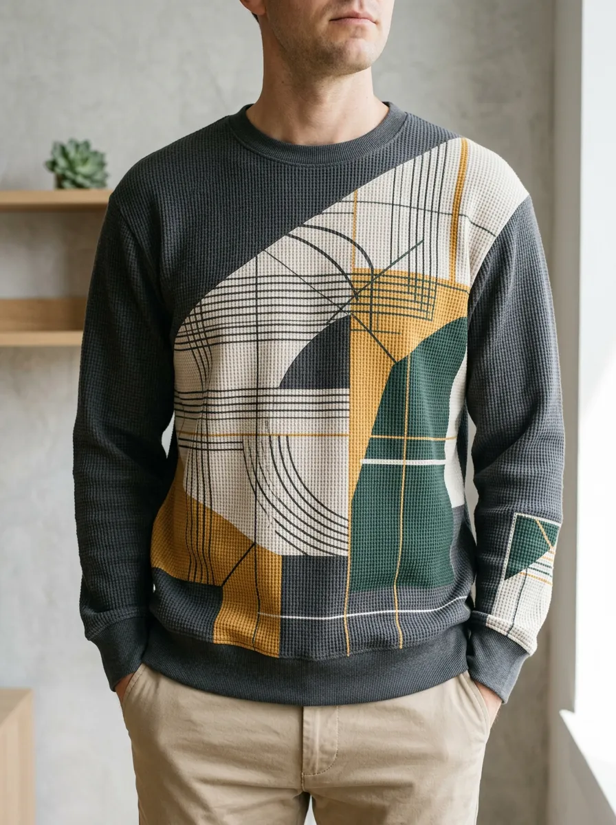 Men's Abstract Geometric Pattern Waffle Knit Crewneck Sweatshirt