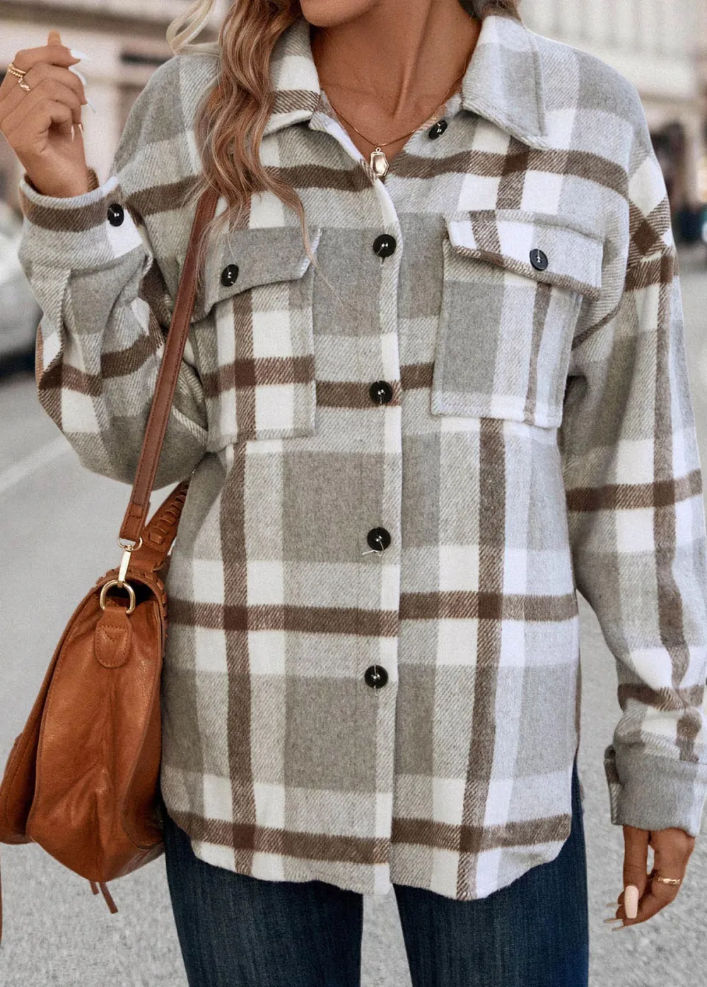 Light Grey Pocket Plaid Long Sleeve Shirt Collar Coat