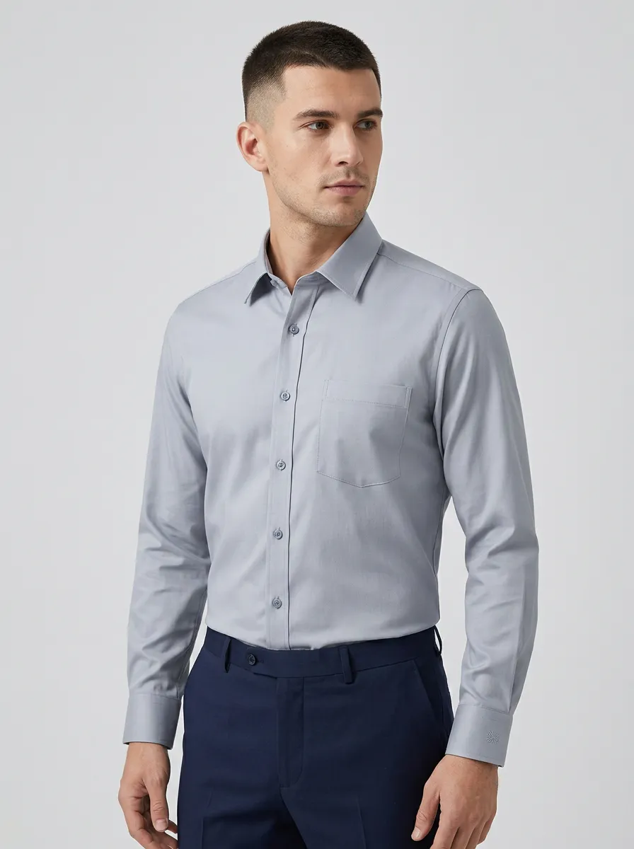 Men's Non-Iron Cotton Solid Grey Long Sleeve Dress Shirt
